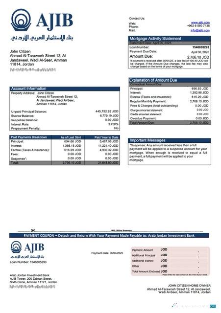 Jordan Arab Jordan Investment Bank (AJIB) mortgage statement Word and PDF template